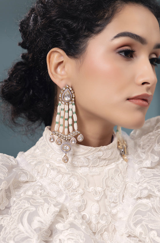 Polki-Pearl Green and White Earrings