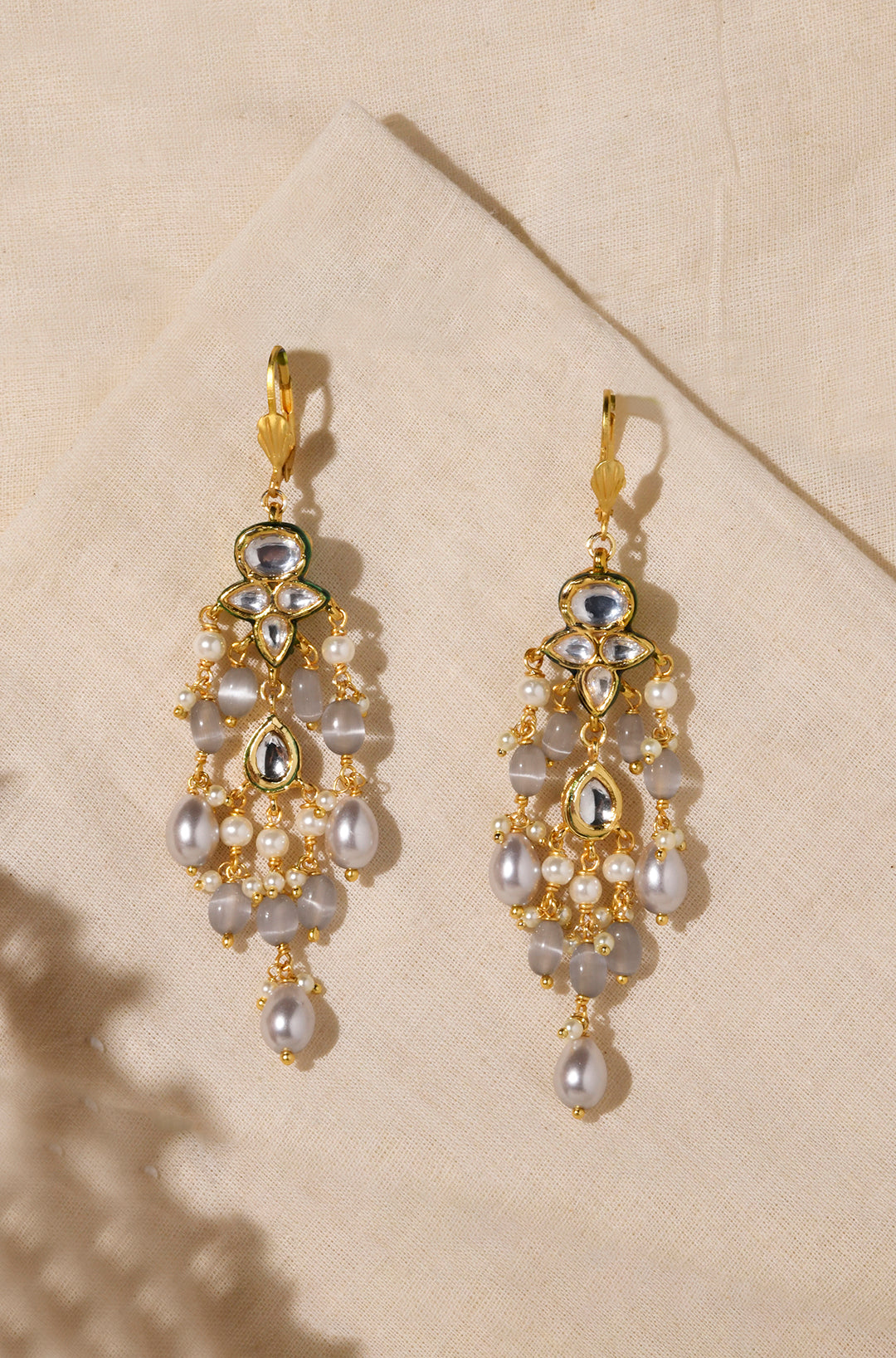 White Grey Kundan Dangler Earrings