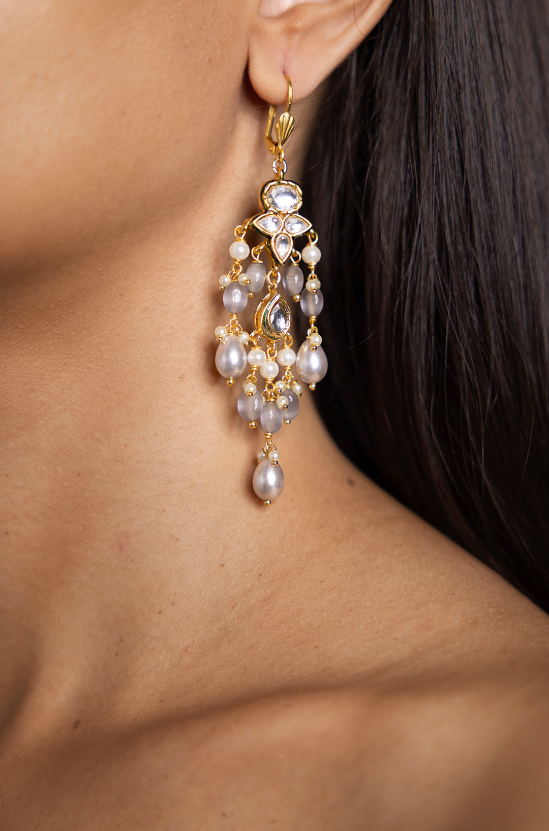 White Grey Kundan Dangler Earrings