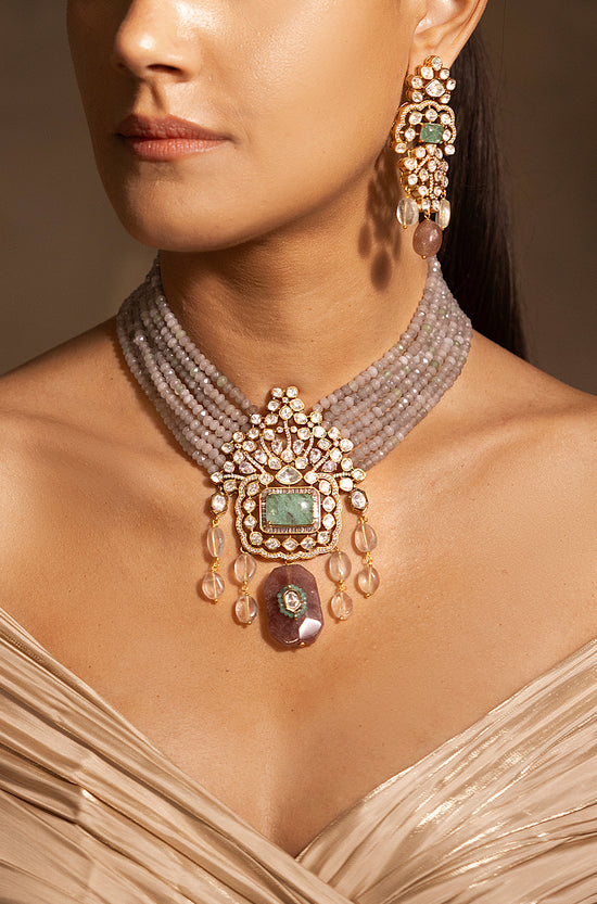 Elegant Golden-Grey-Green Necklace Set