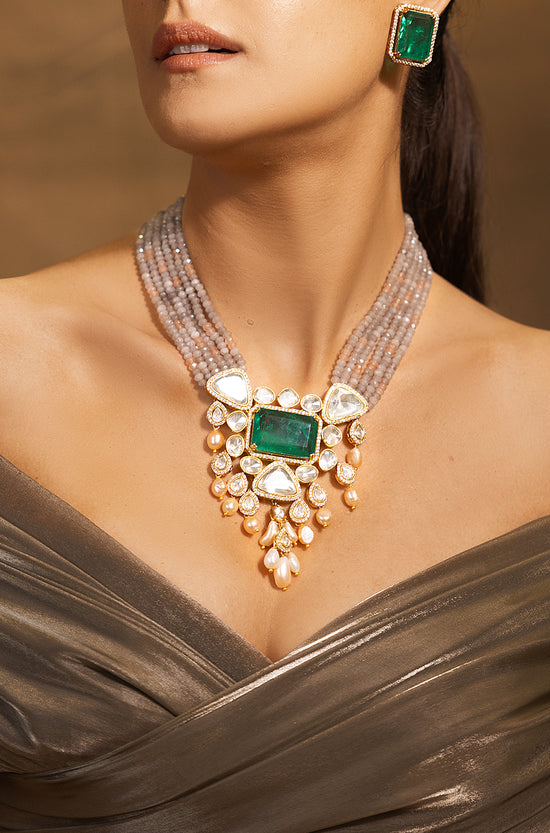 Opulent Golden-Grey-Green Necklace Set