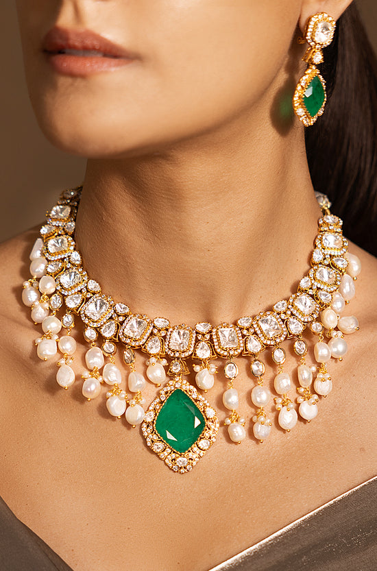 Radiant Green-Golden Glam Choker Necklace Set