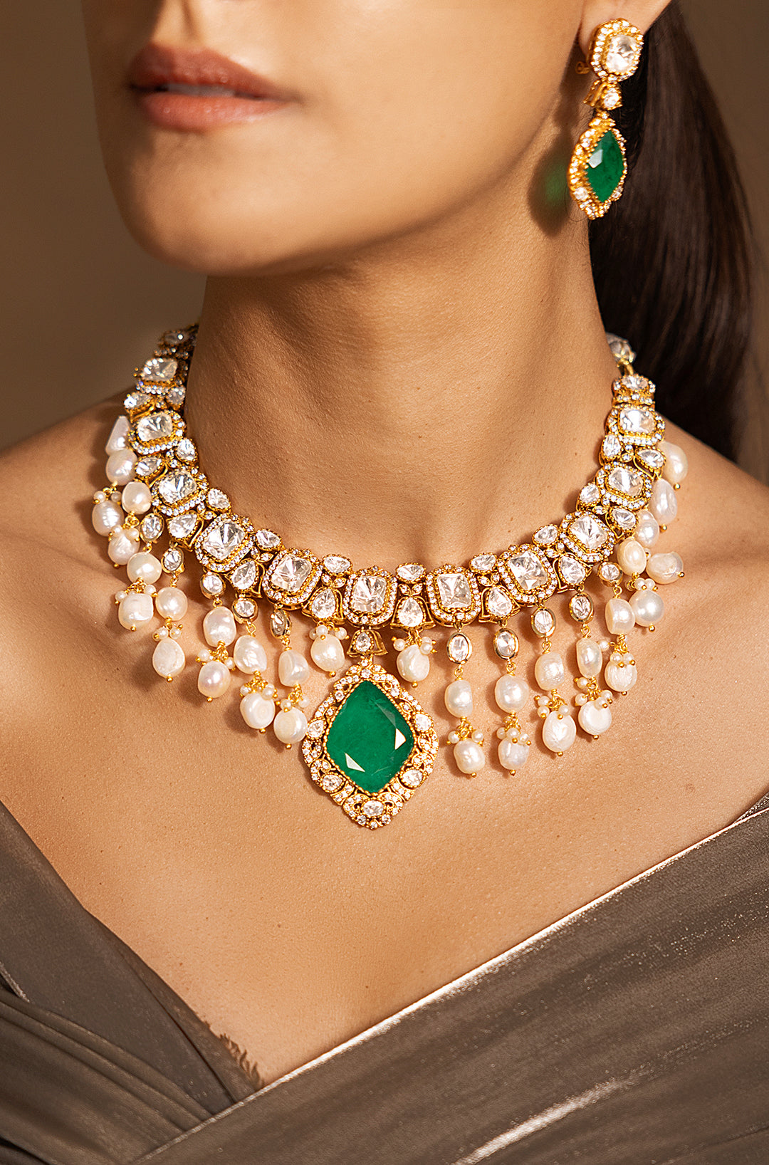Radiant Green-Golden Glam Choker Necklace Set