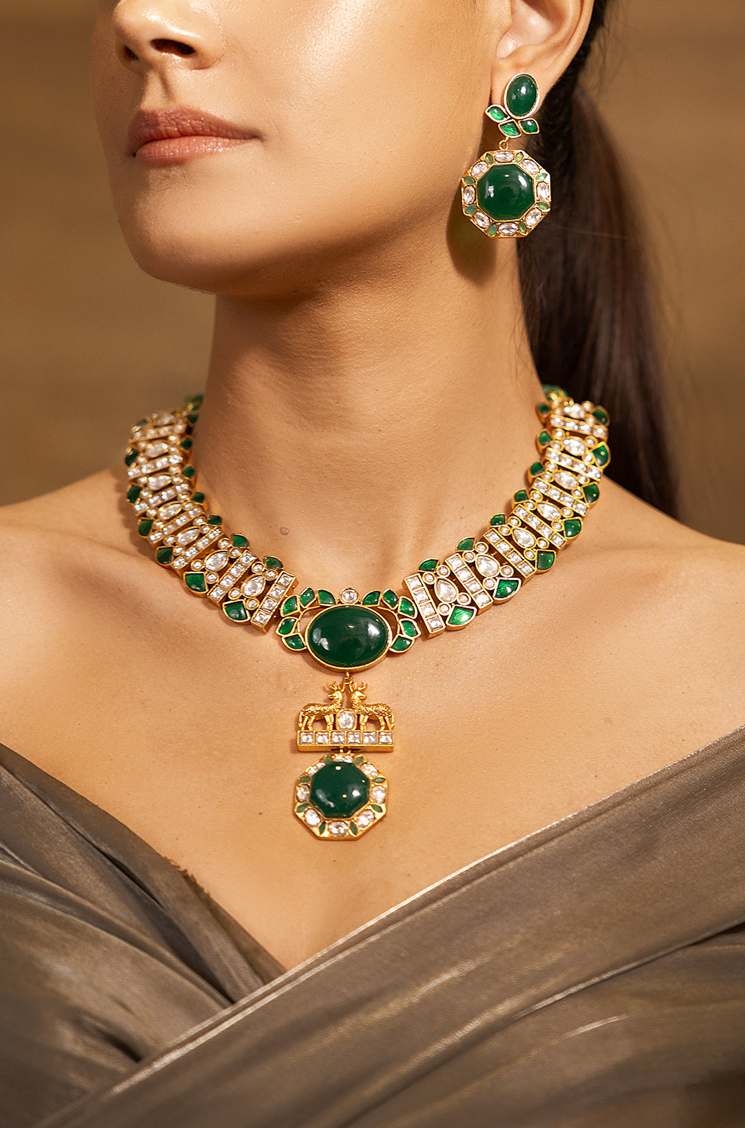 Radiant Golden-Green Choker Necklace Set