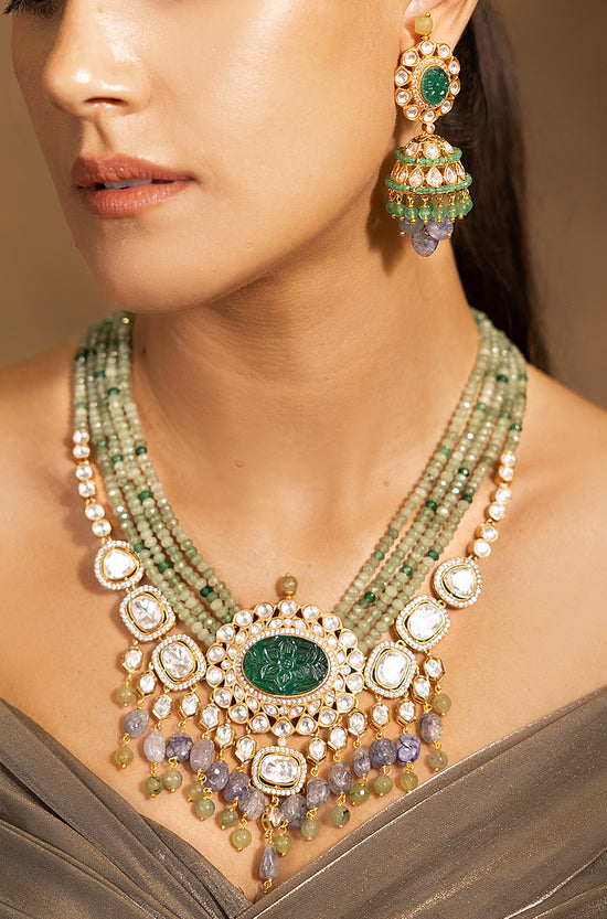 Glamorous Golden-Blue-Green Necklace Set