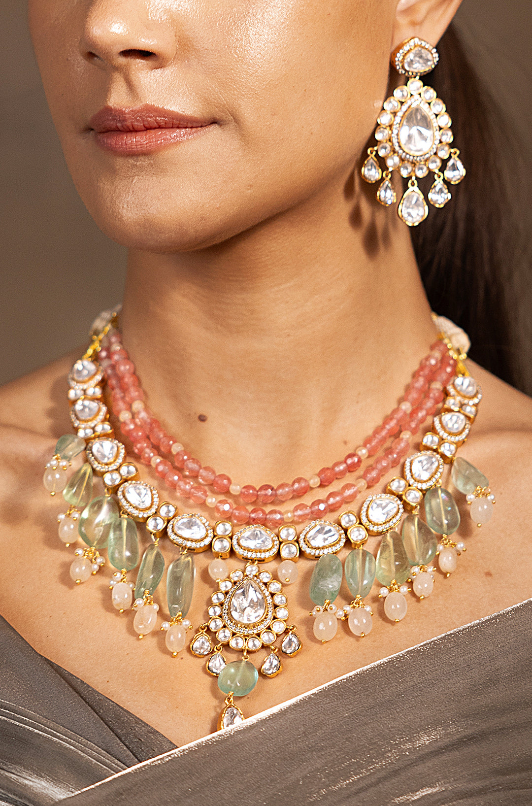 Glamorous Golden-Green-Pink Choker Necklace Set