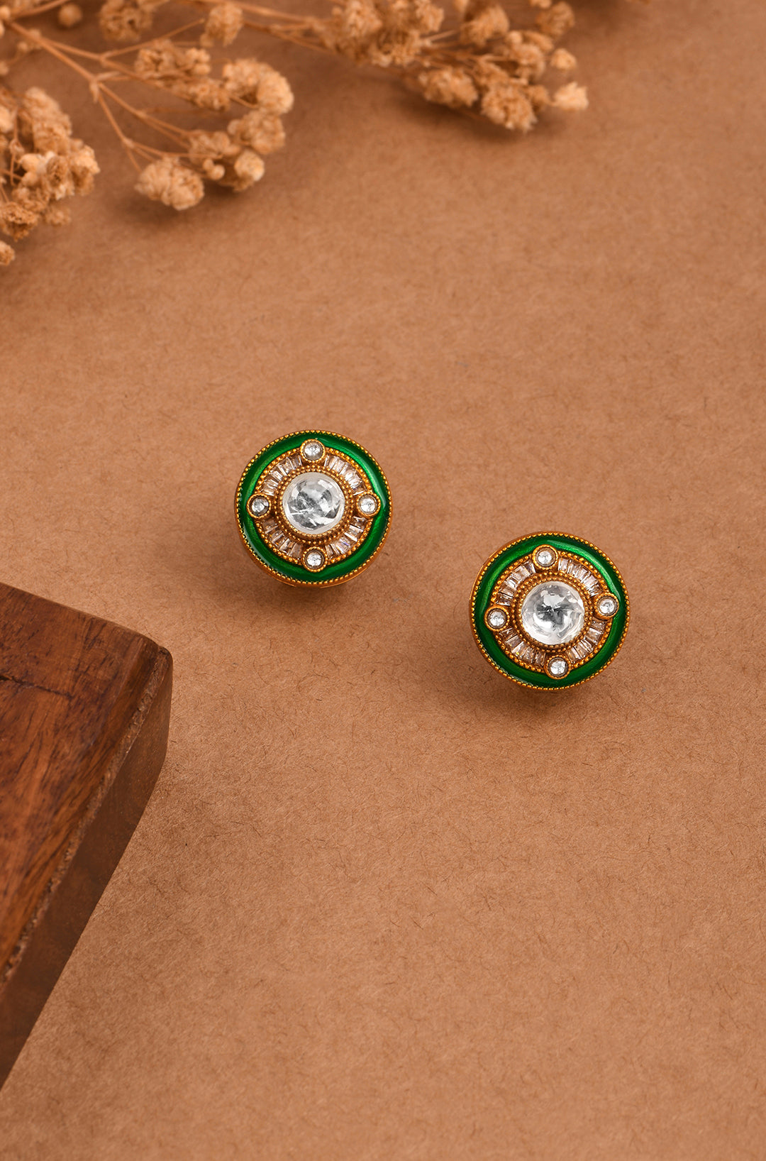 Minakari Green Edge Polki Stud Earrings