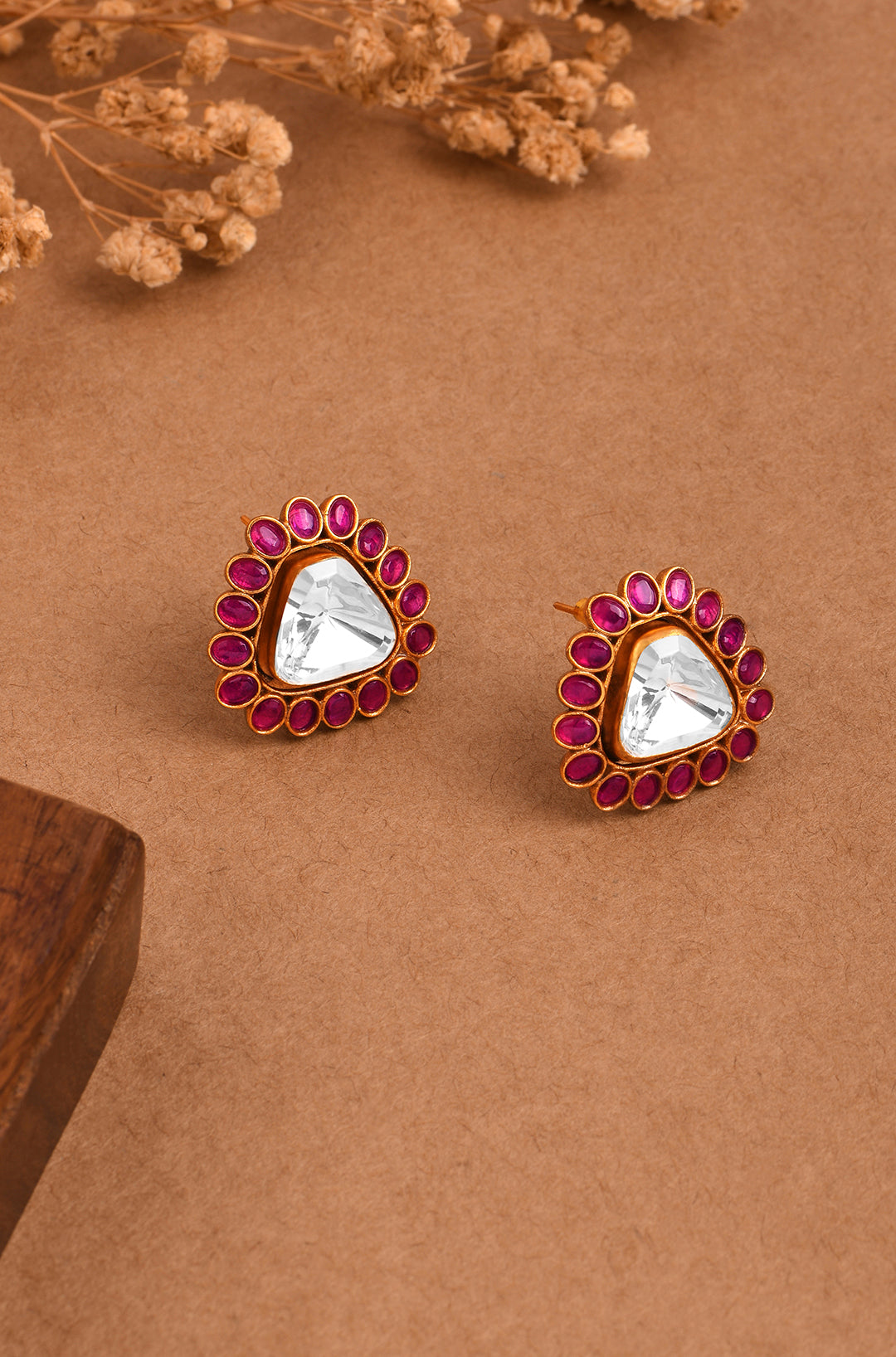 Pink Edge Triangle Polki Stud Earrings